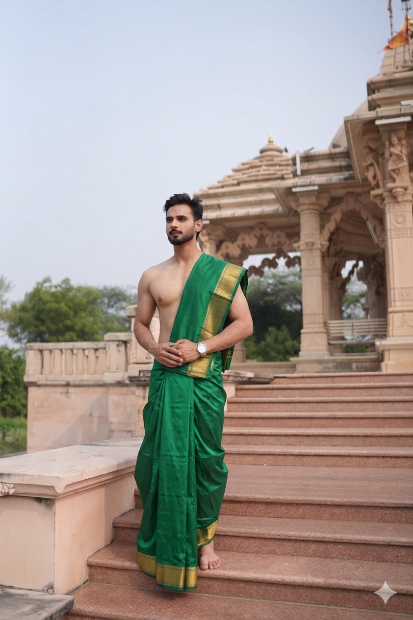 Man wearing a green dhoti standing on steps with architectural background