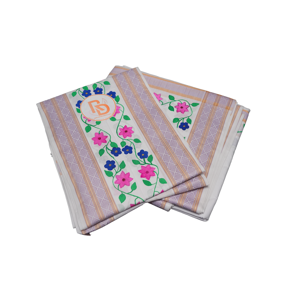 Floral design handprint cotton dhoti set with lavender jacquard border