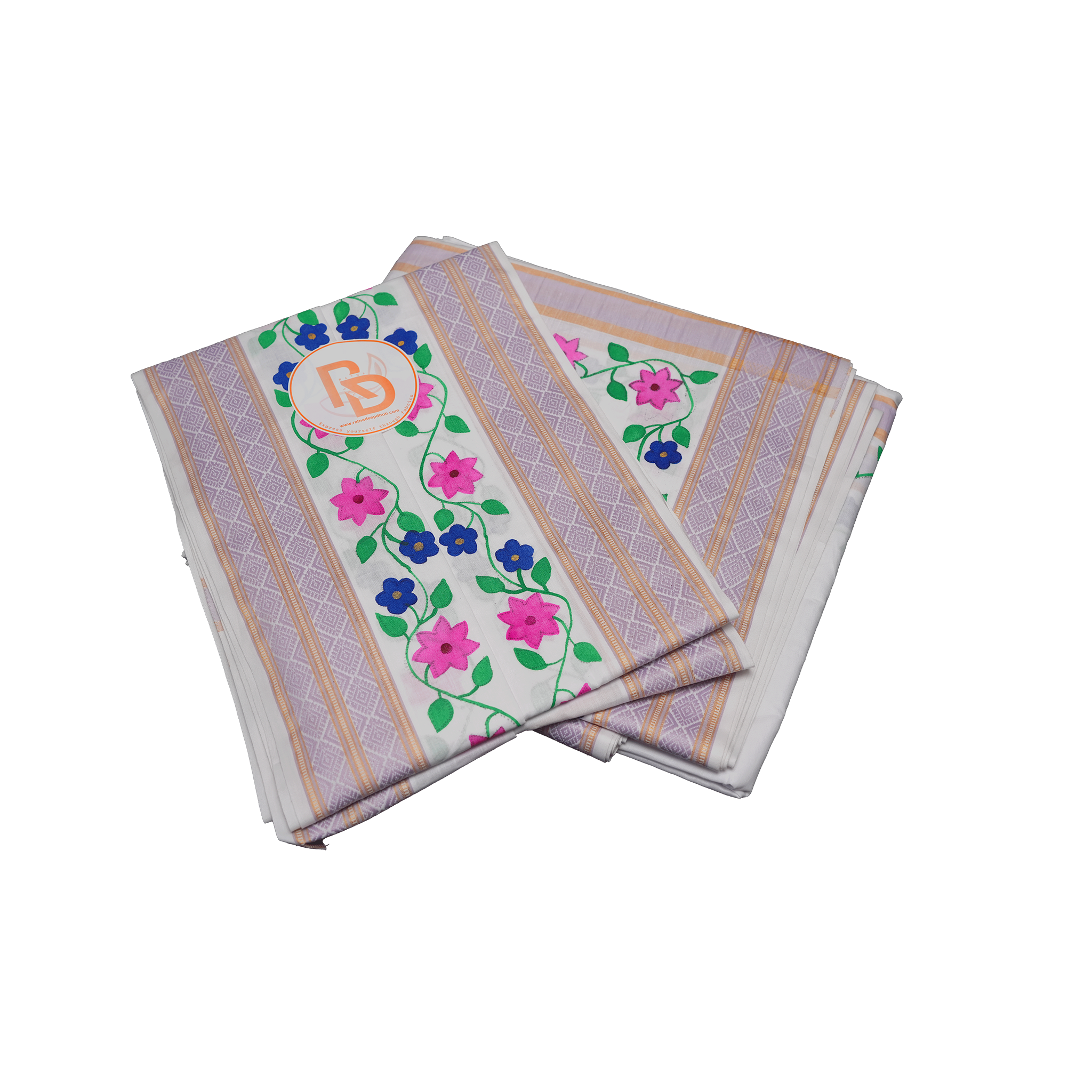 Floral design handprint cotton dhoti set with lavender jacquard border