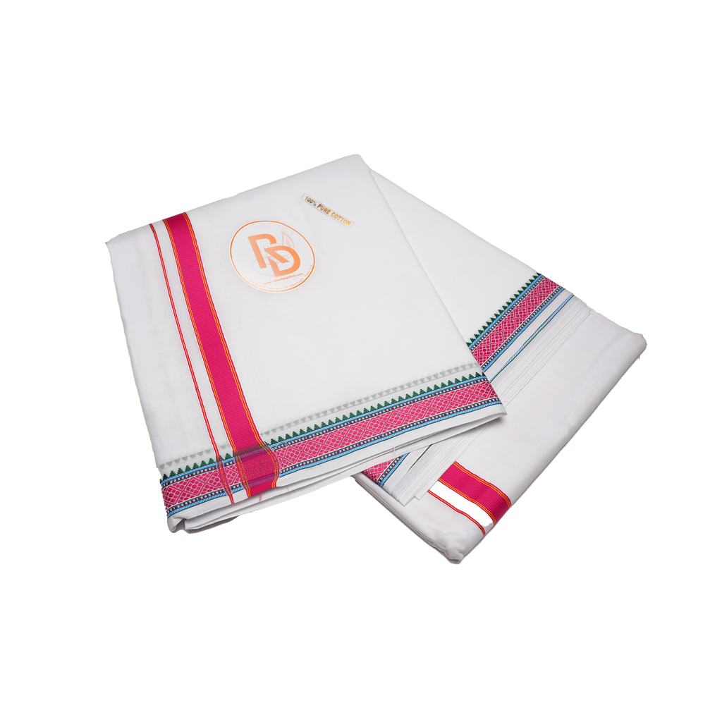 Handwoven hot pink border pure cotton dhoti set