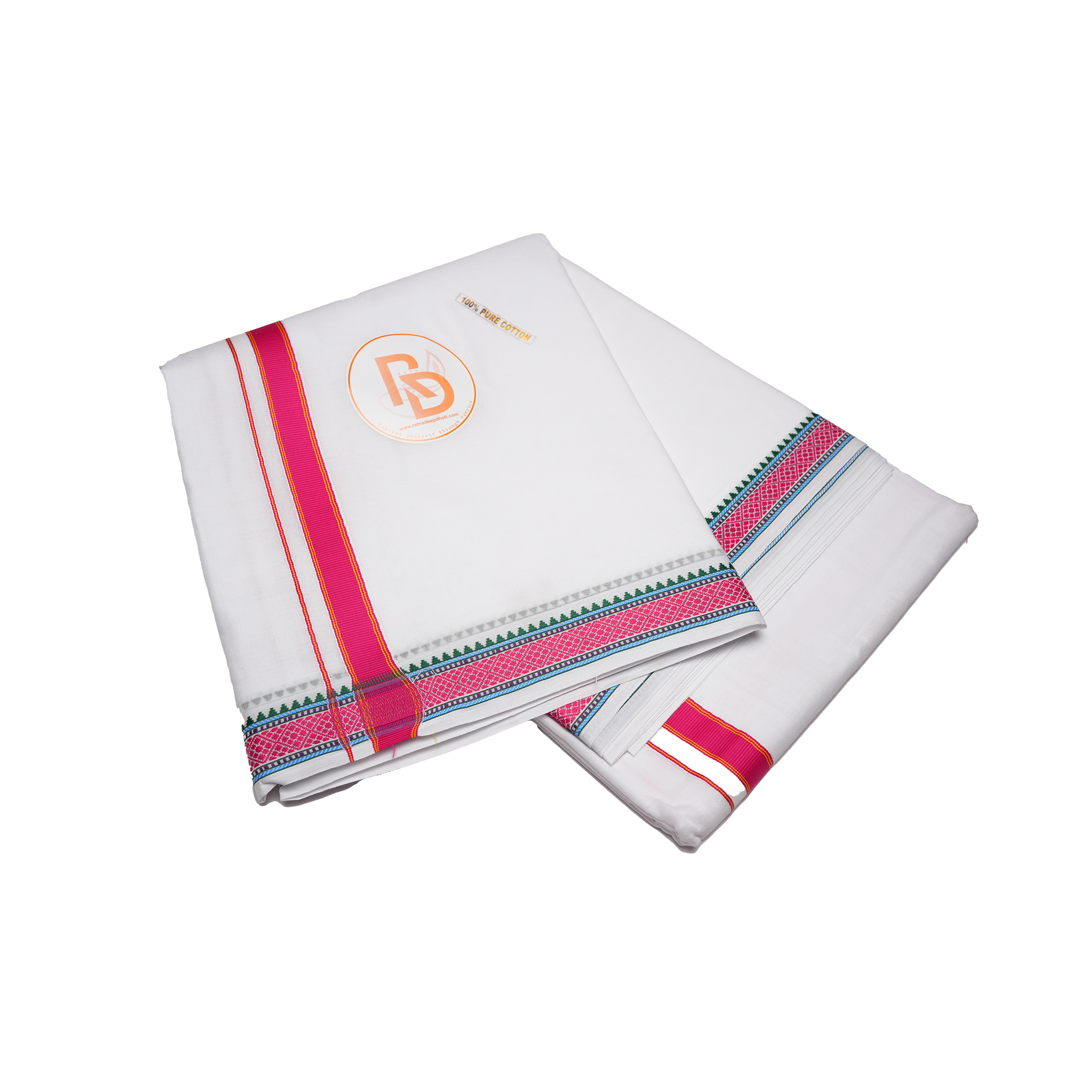 Handwoven hot pink border pure cotton dhoti set