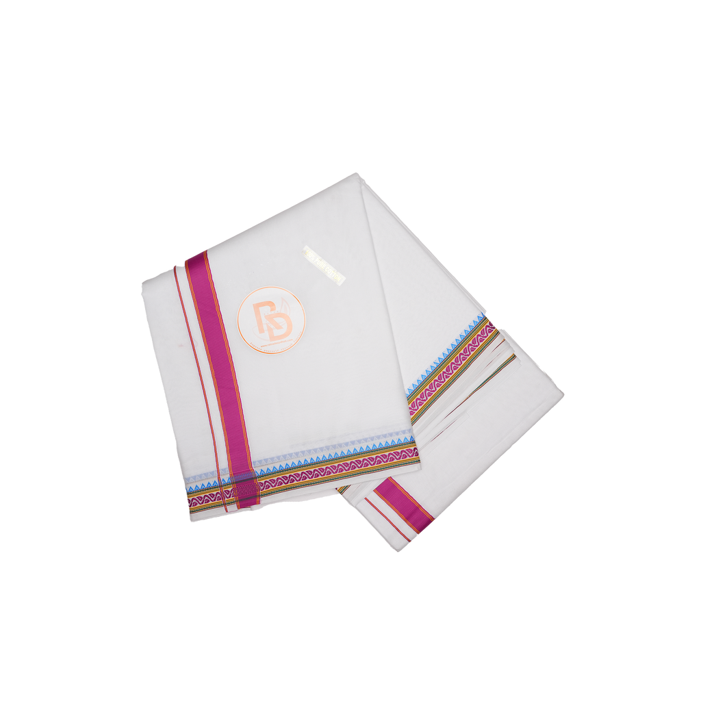 Handwoven hot pink border pure cotton dhoti set