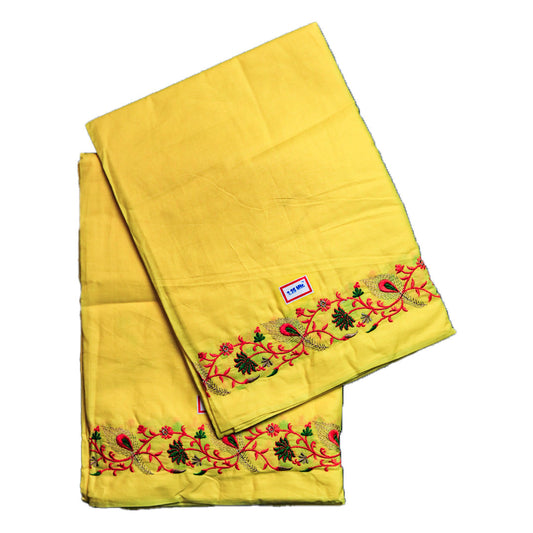 Yellow Dhoti with Peacock Feather Border Design - 10x6 Size, Traditional Indian Wear Ratnadeep Dhoti