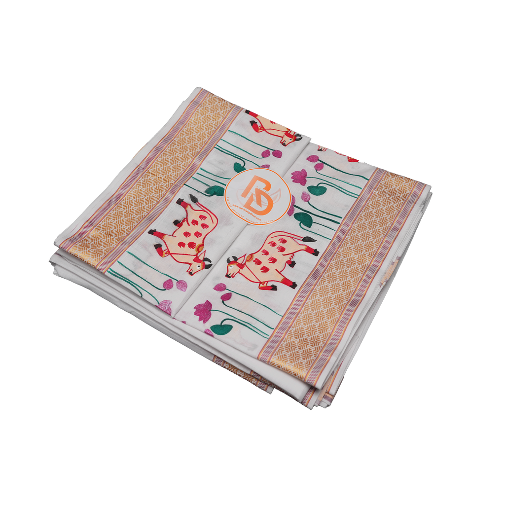 Handprint cotton dhoti set | traditional cow design & jacquard border