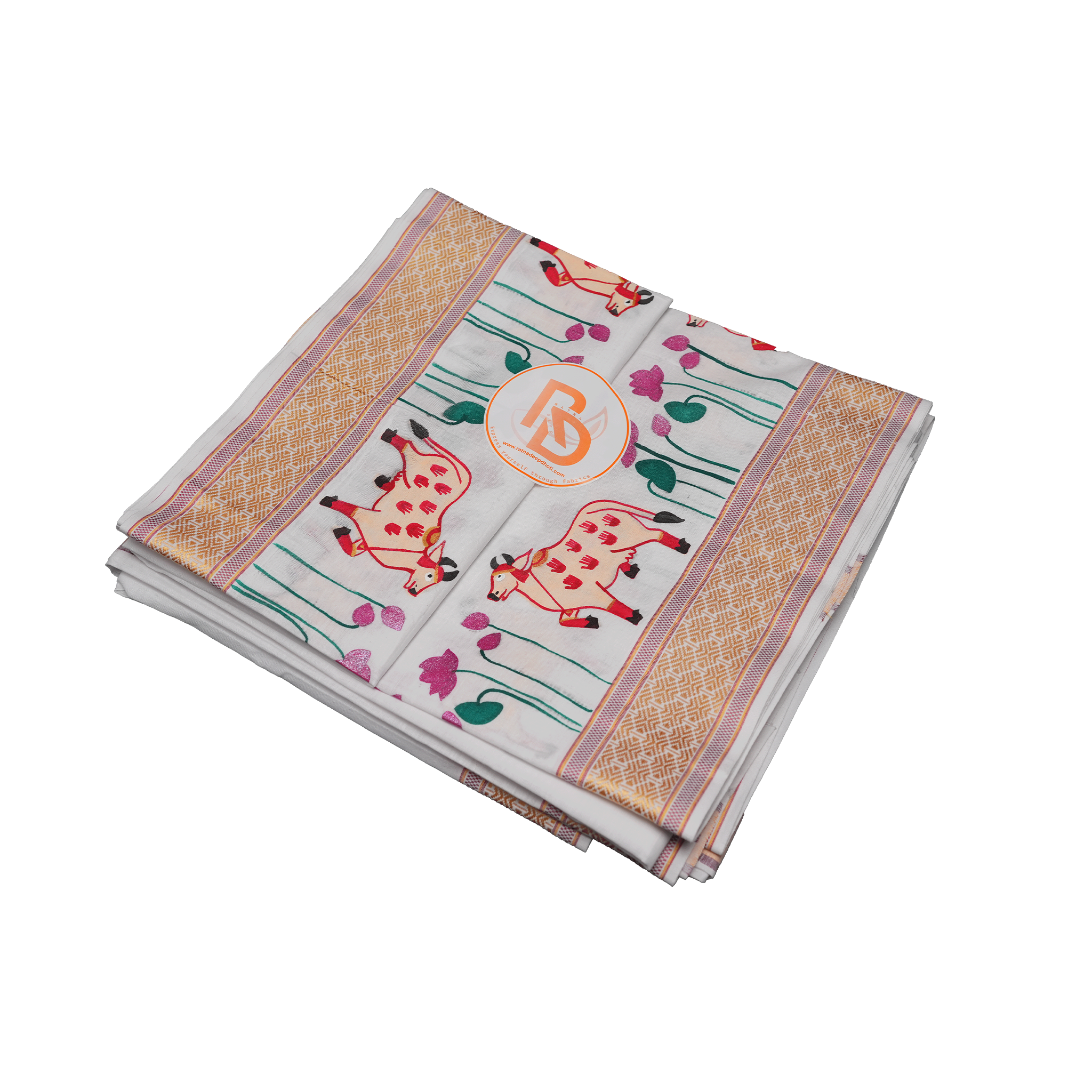 Handprint cotton dhoti set | traditional cow design & jacquard border