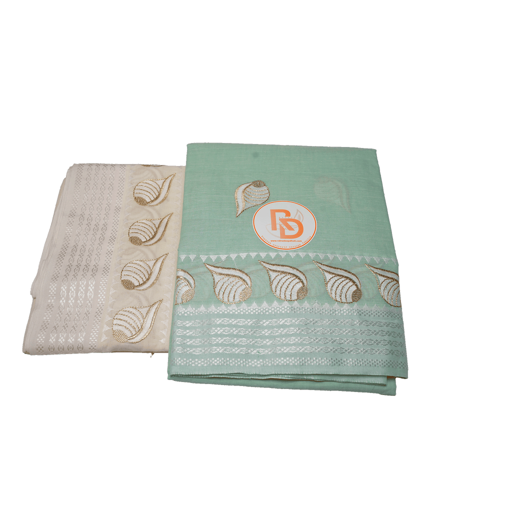 Stylish God Vishnu Shankh Design Dhoti with Cream Uparana