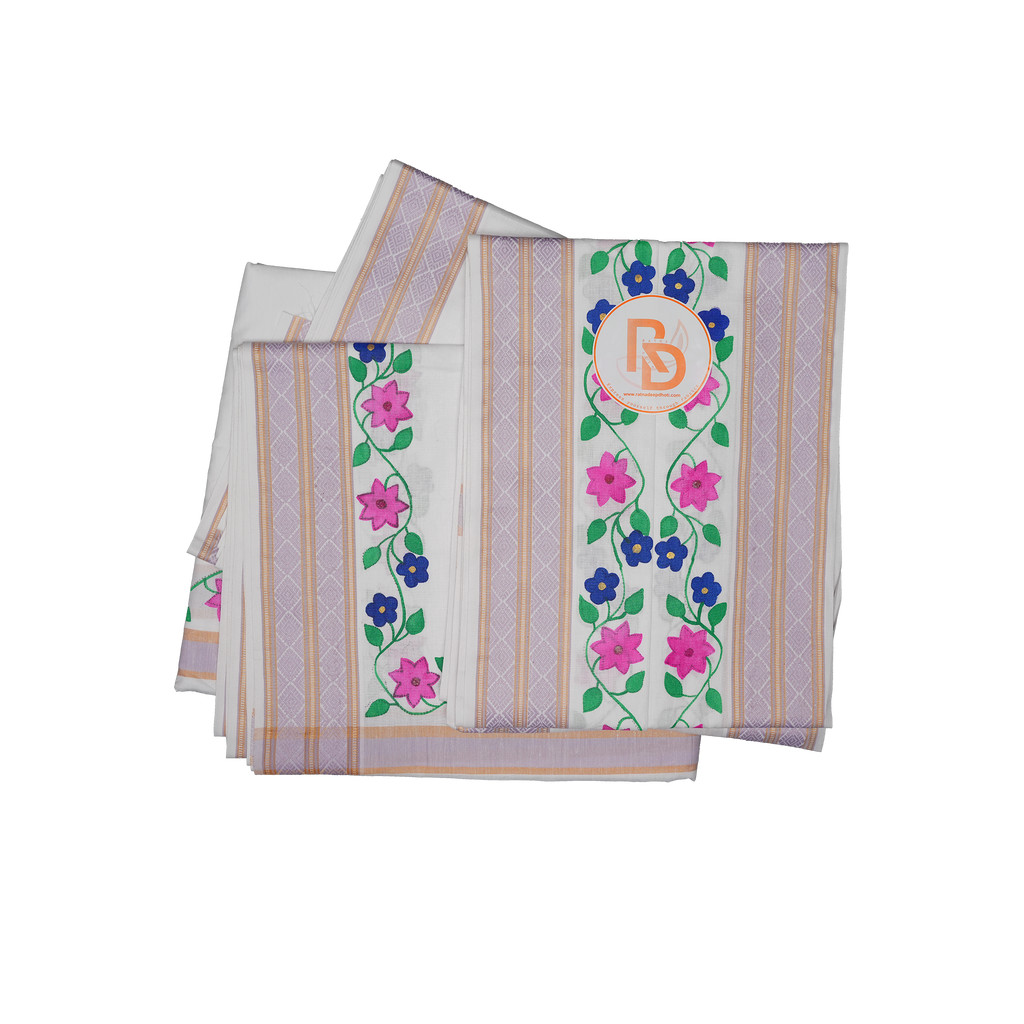 Floral design handprint cotton dhoti set with lavender jacquard border