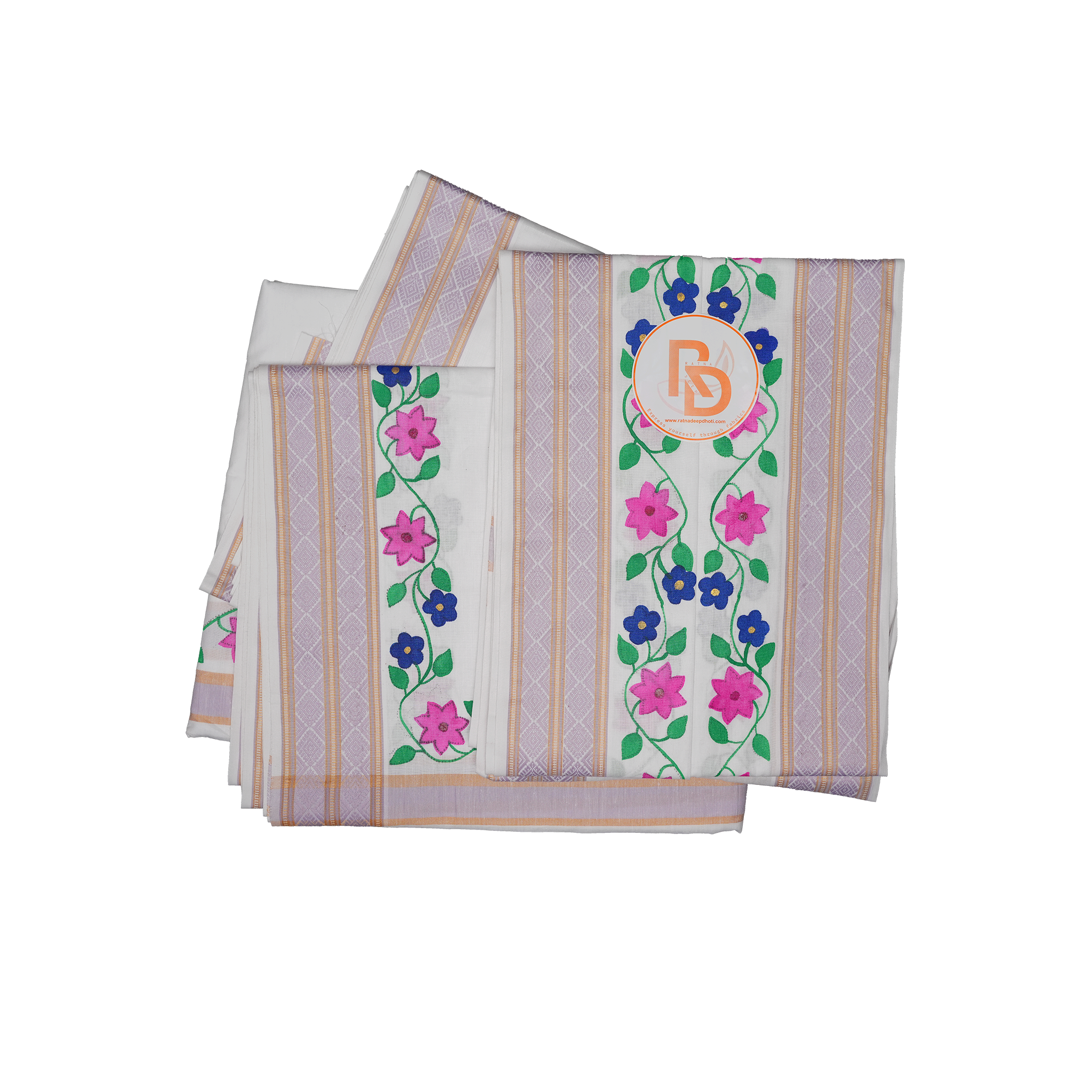 Floral design handprint cotton dhoti set with lavender jacquard border