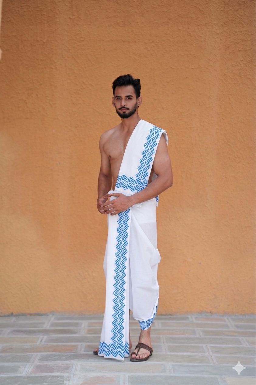 Man wearing a traditional white dhoti with blue patterns 