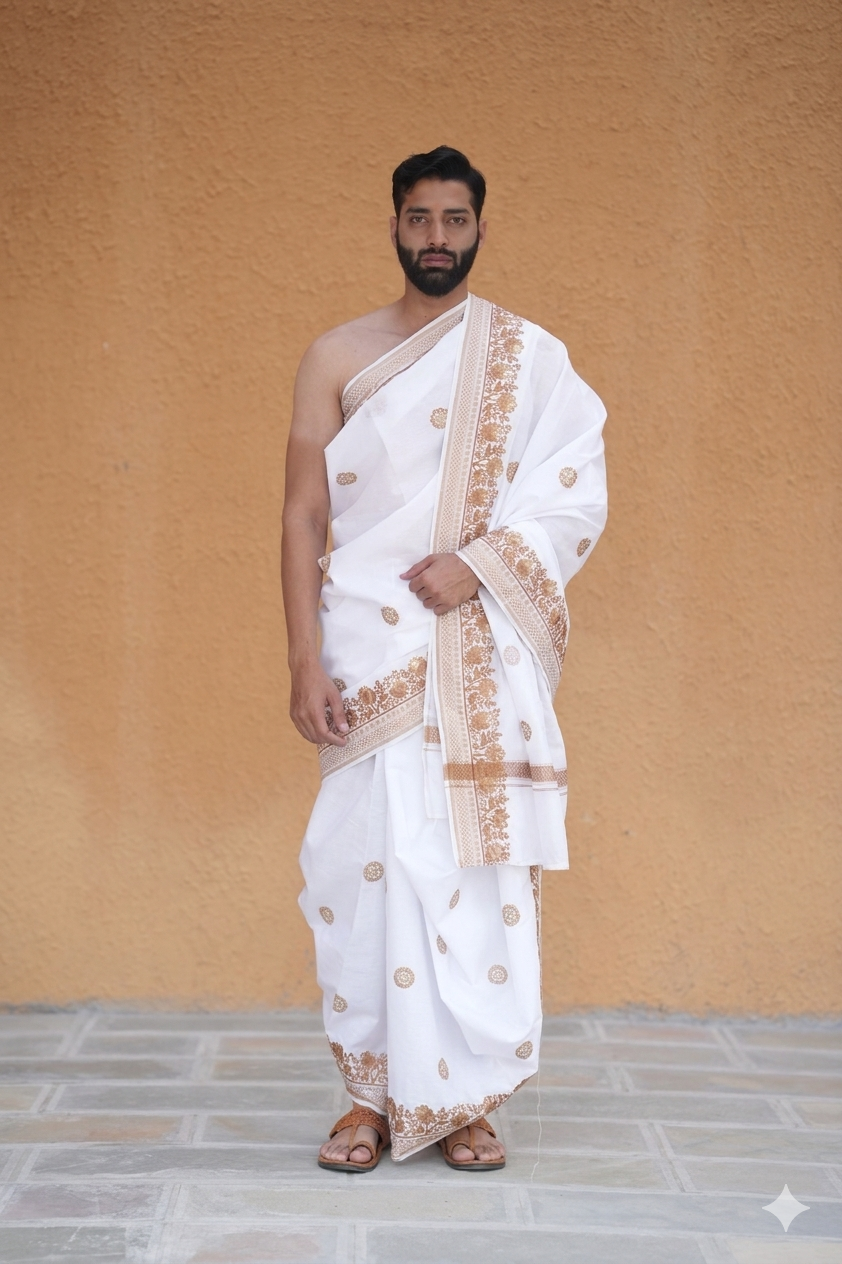 White Cotton Dhoti (10x6) with Golden Brown Nature Design  Border Ratnadeep Dhoti