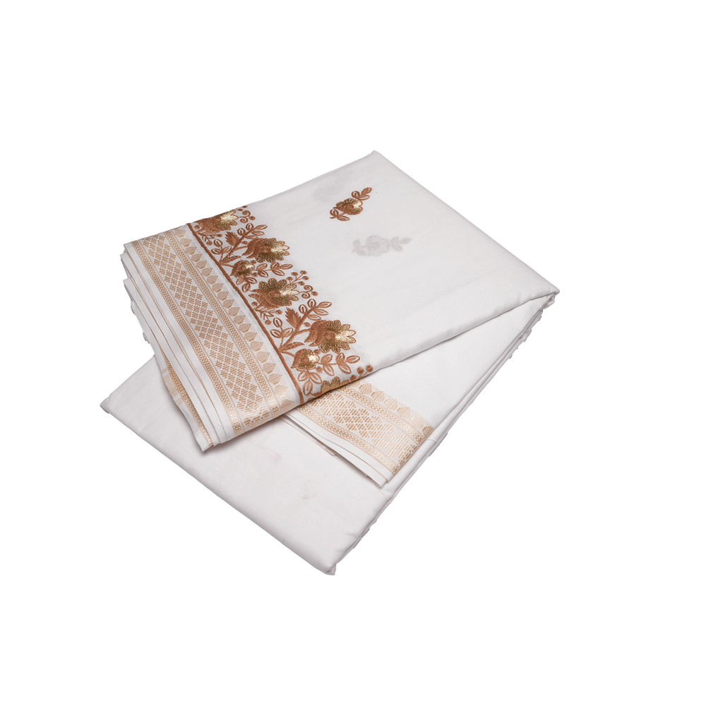 White Cotton Dhoti (10x6) with Golden Brown Nature Design  Border Ratnadeep Dhoti