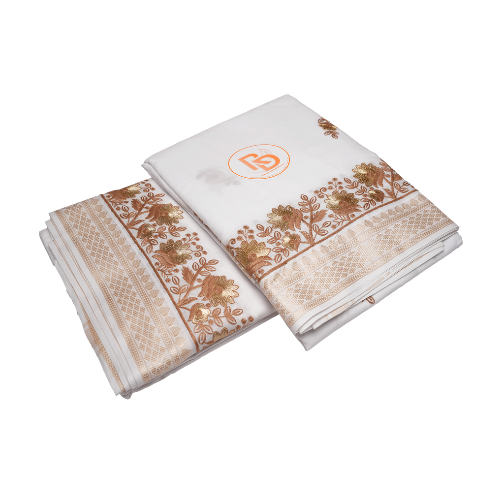 White Cotton Dhoti (10x6) with Golden Brown Nature Design  Border Ratnadeep Dhoti