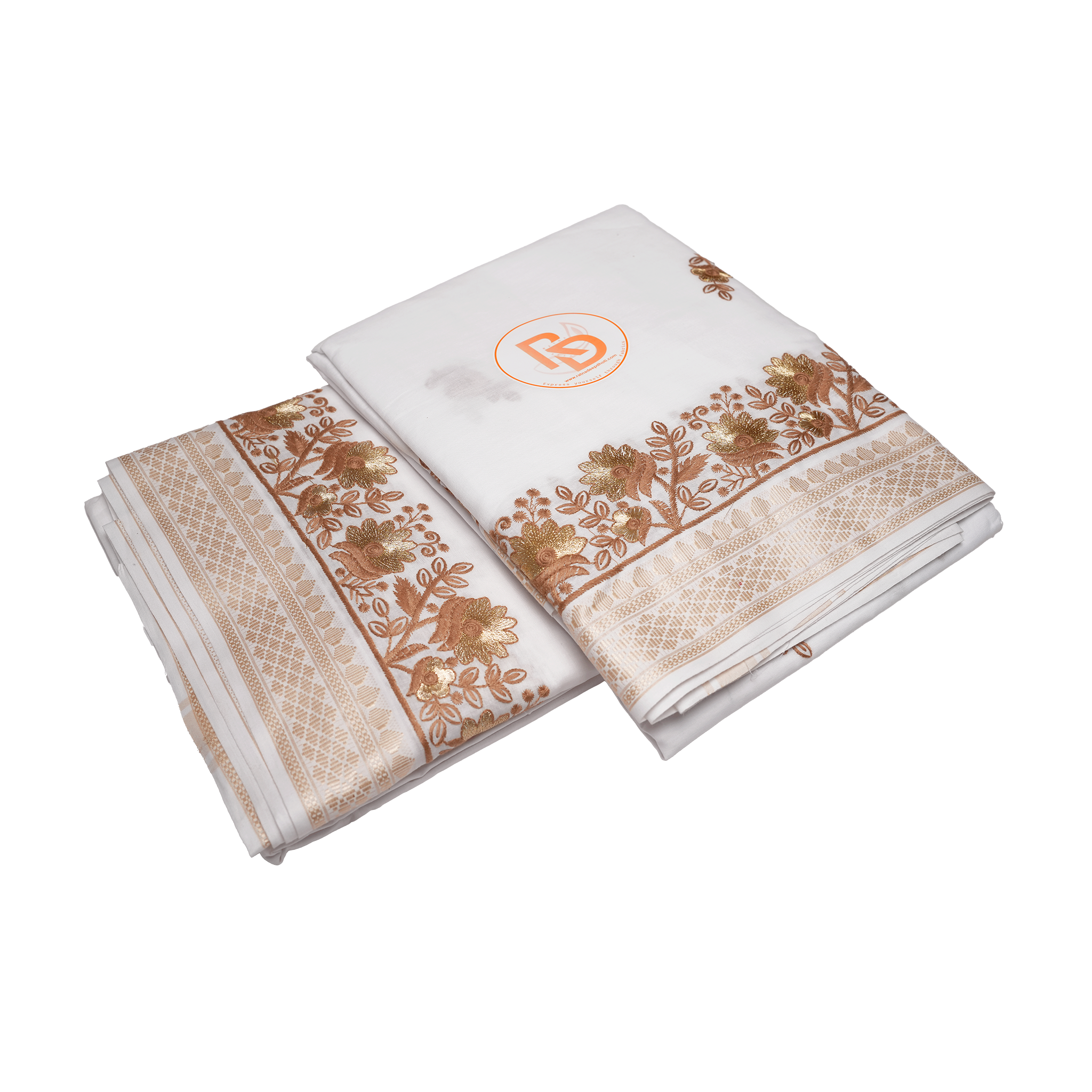 White Cotton Dhoti (10x6) with Golden Brown Nature Design  Border Ratnadeep Dhoti