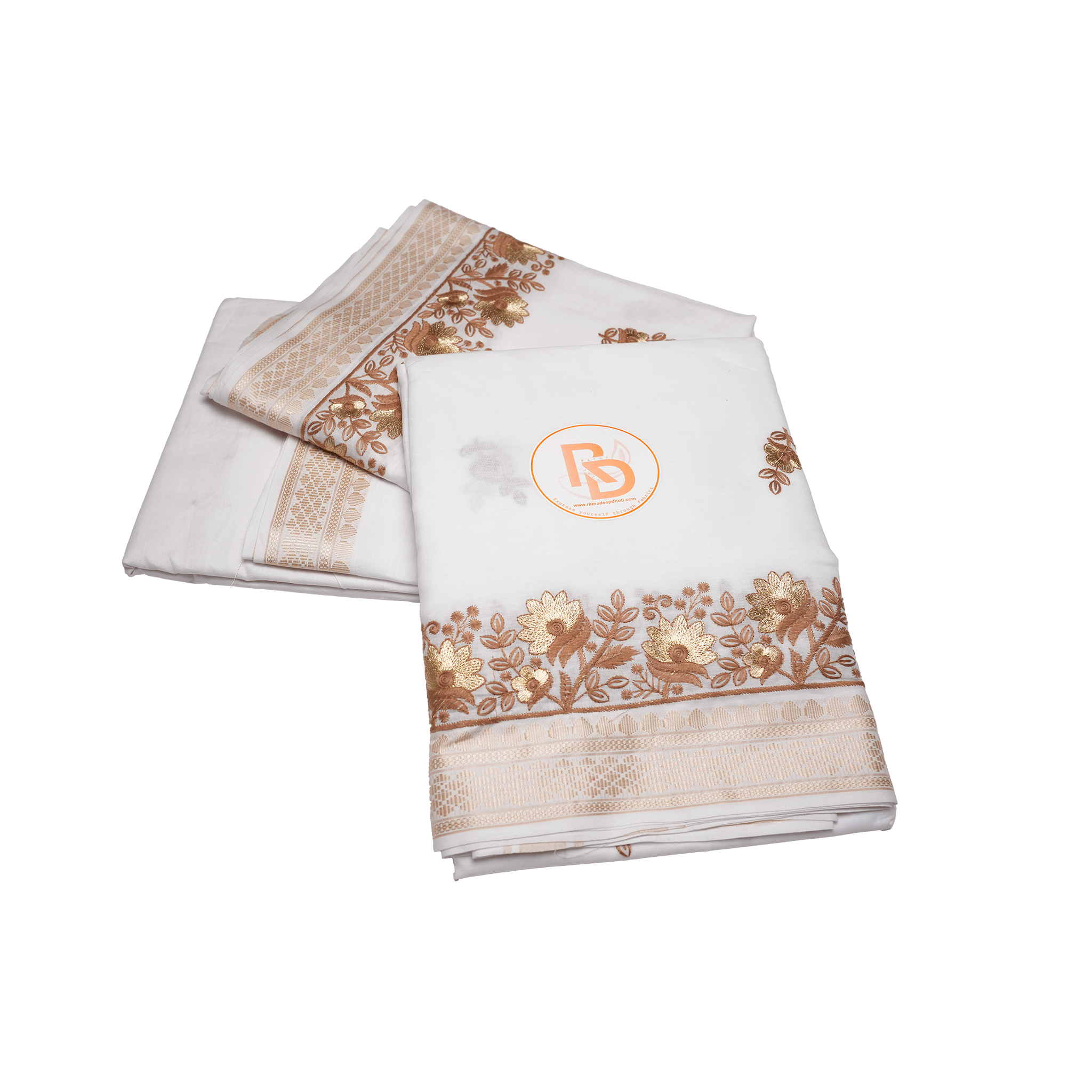 White Cotton Dhoti (10x6) with Golden Brown Nature Design  Border Ratnadeep Dhoti