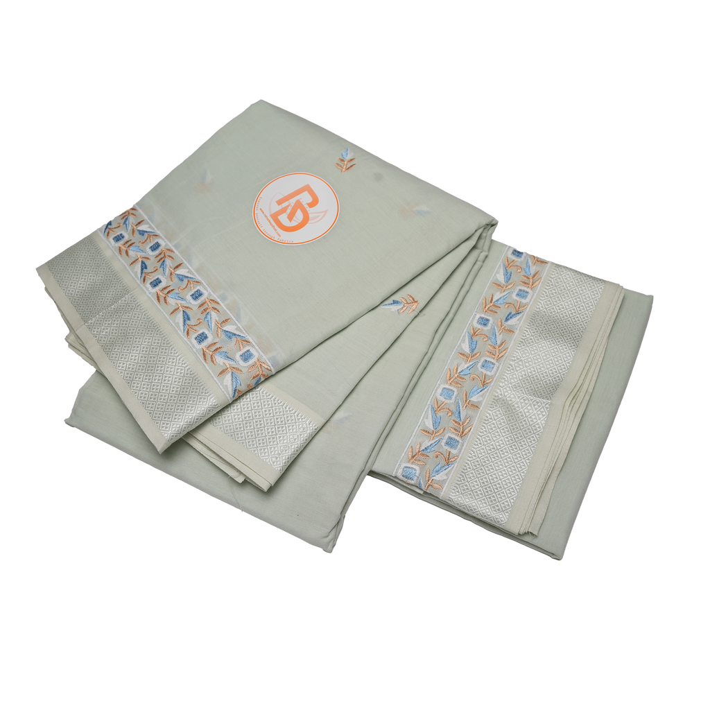 Light Green Cotton Dhoti Set(10 × 6) with Pastel Embroidered Border | Traditional Wear for Men ratnadeepdhoti