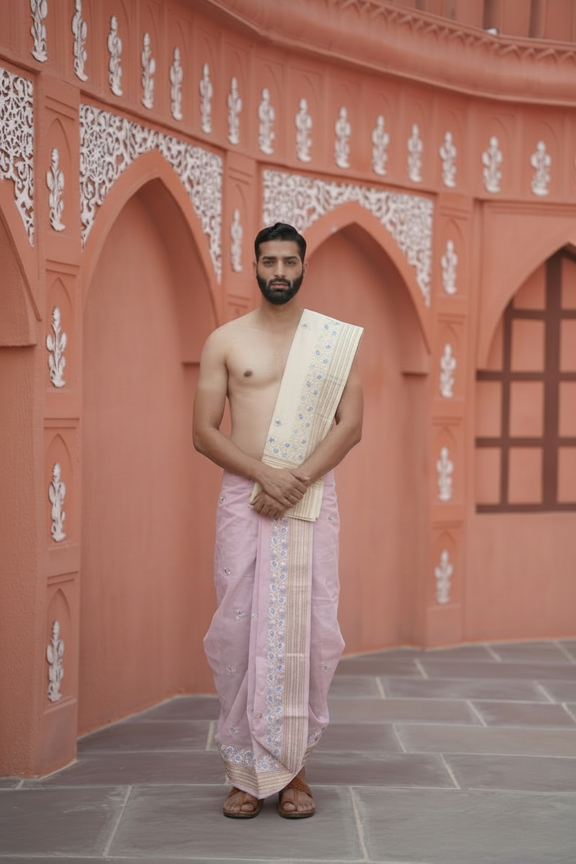 Man wearing a traditional pink dhoti with a white cloth over his shoulder against a red architectural background.