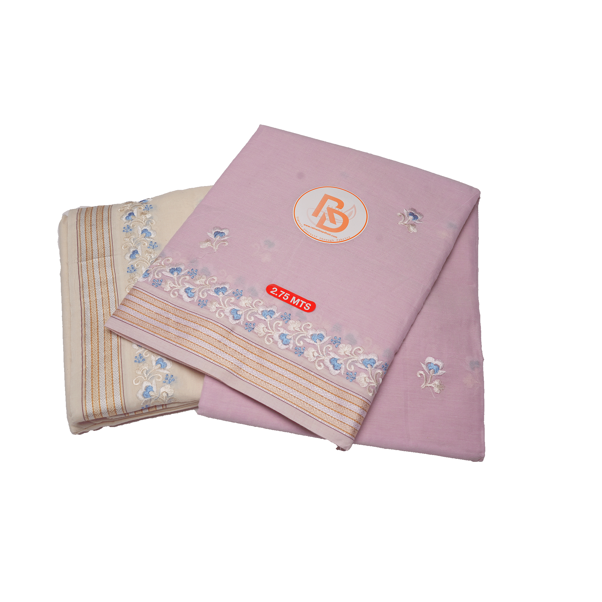 Folded dhoti with floral patterns and a ratnadeep logo 