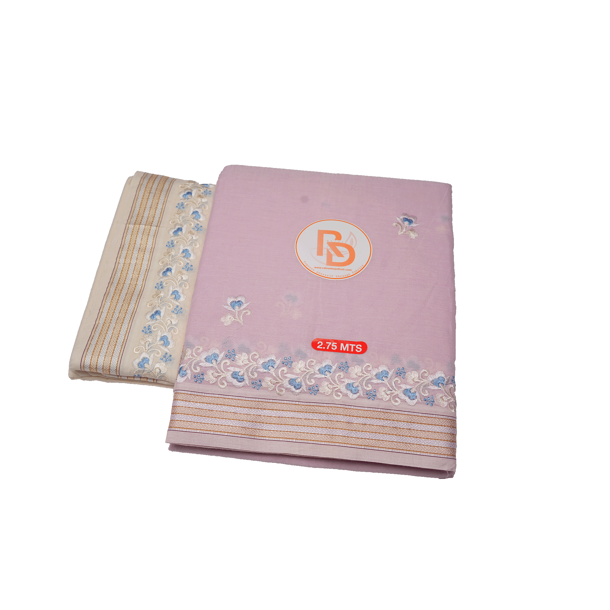 Folded dhoti with floral patterns and a ratnadeep logo