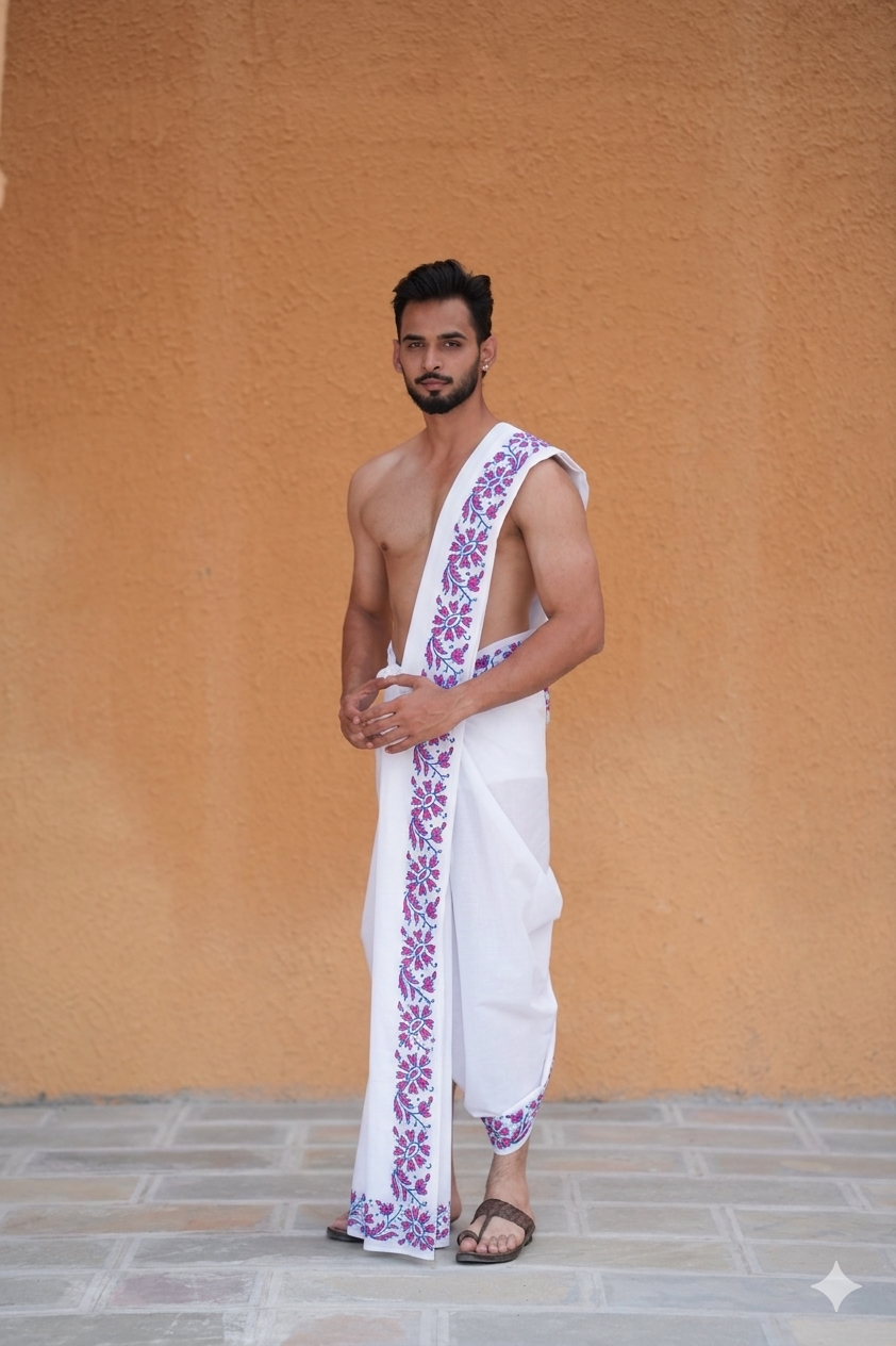 Man wearing a white dhoti with purple floral patterns 