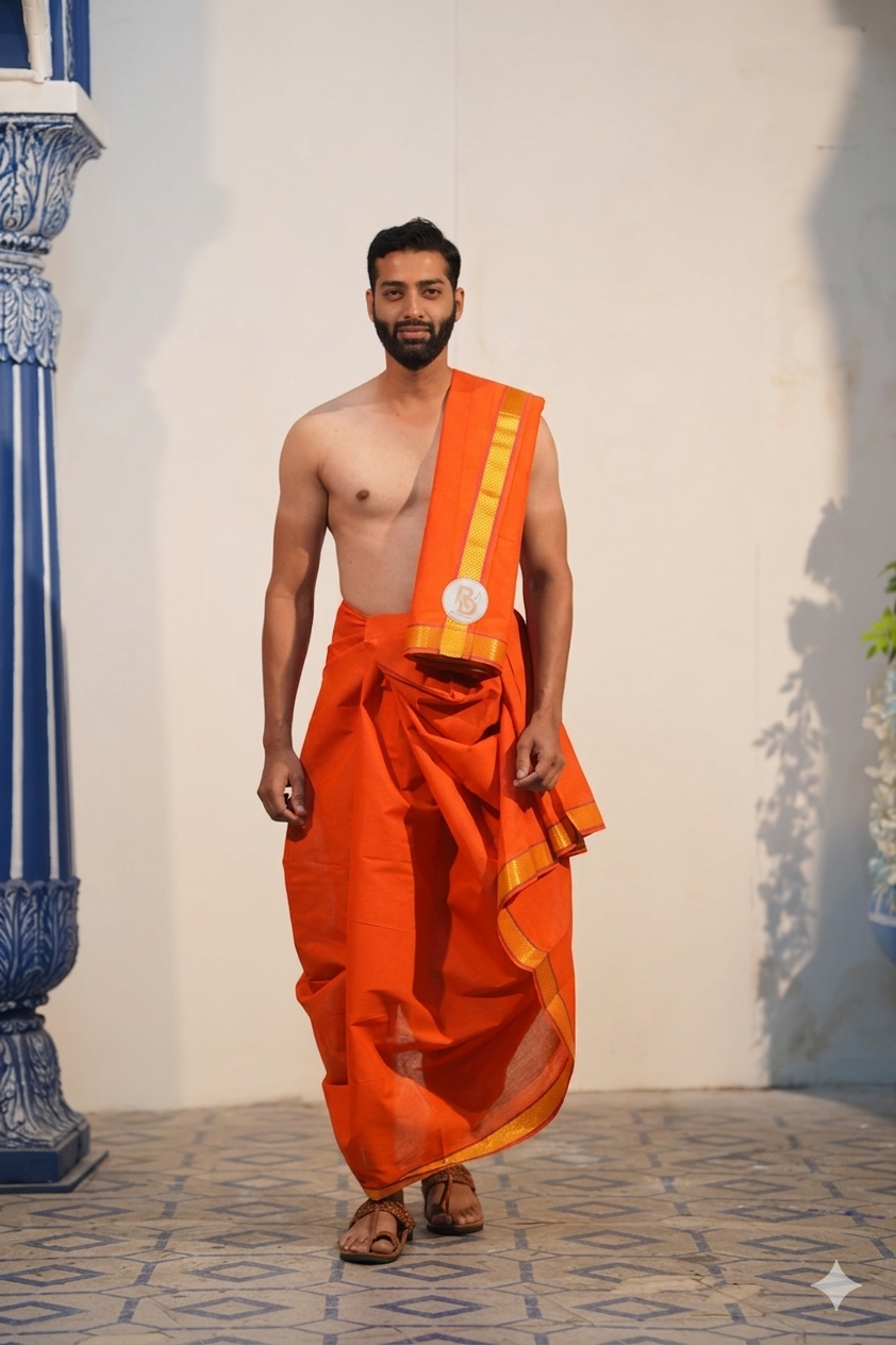 Man wearing a golden temple border orange cotton dhoti with khes