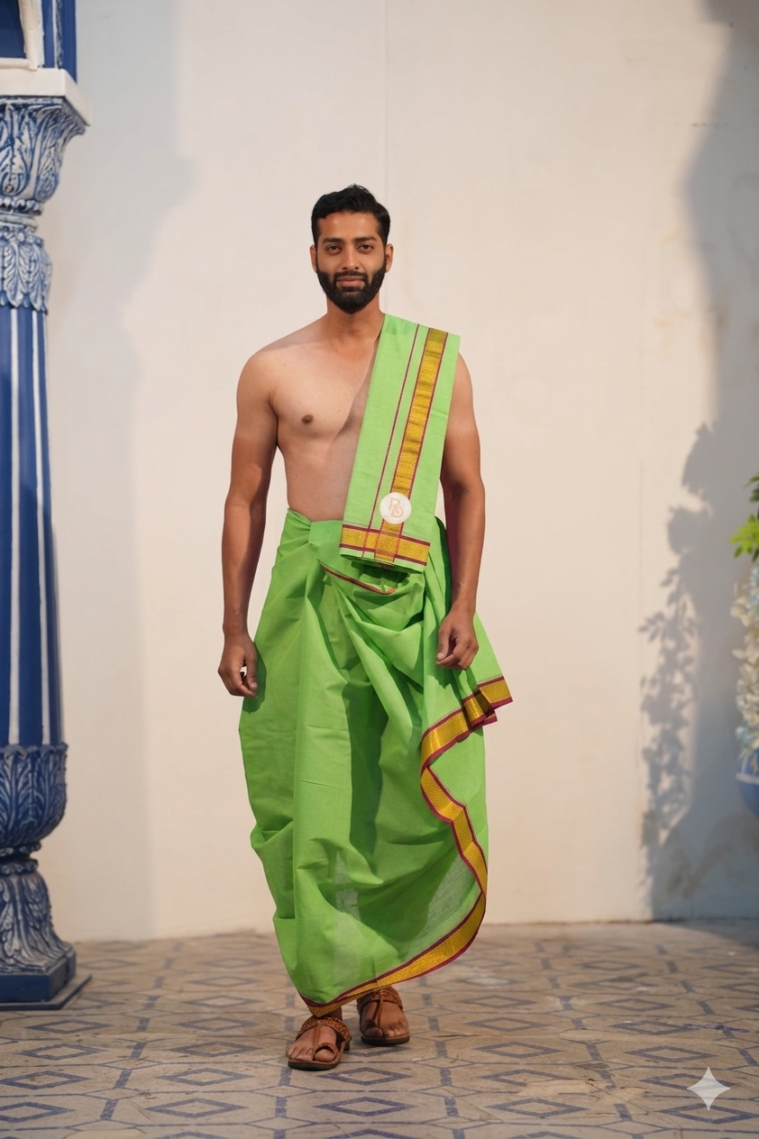 Man wearing a golden temple border parrot green cotton dhoti with khes