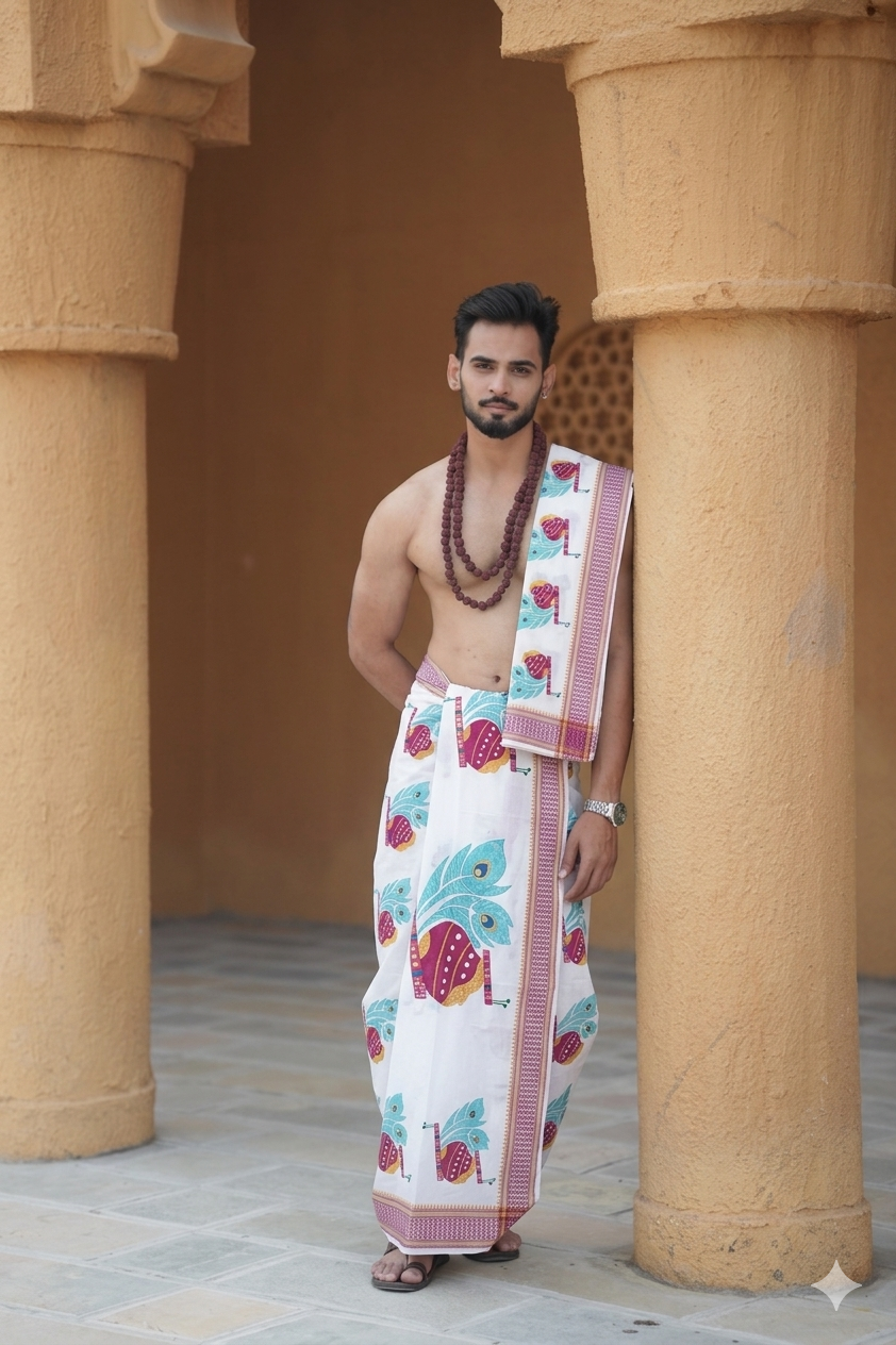 Man wearing a traditional Dhoti standing between two stone columns.