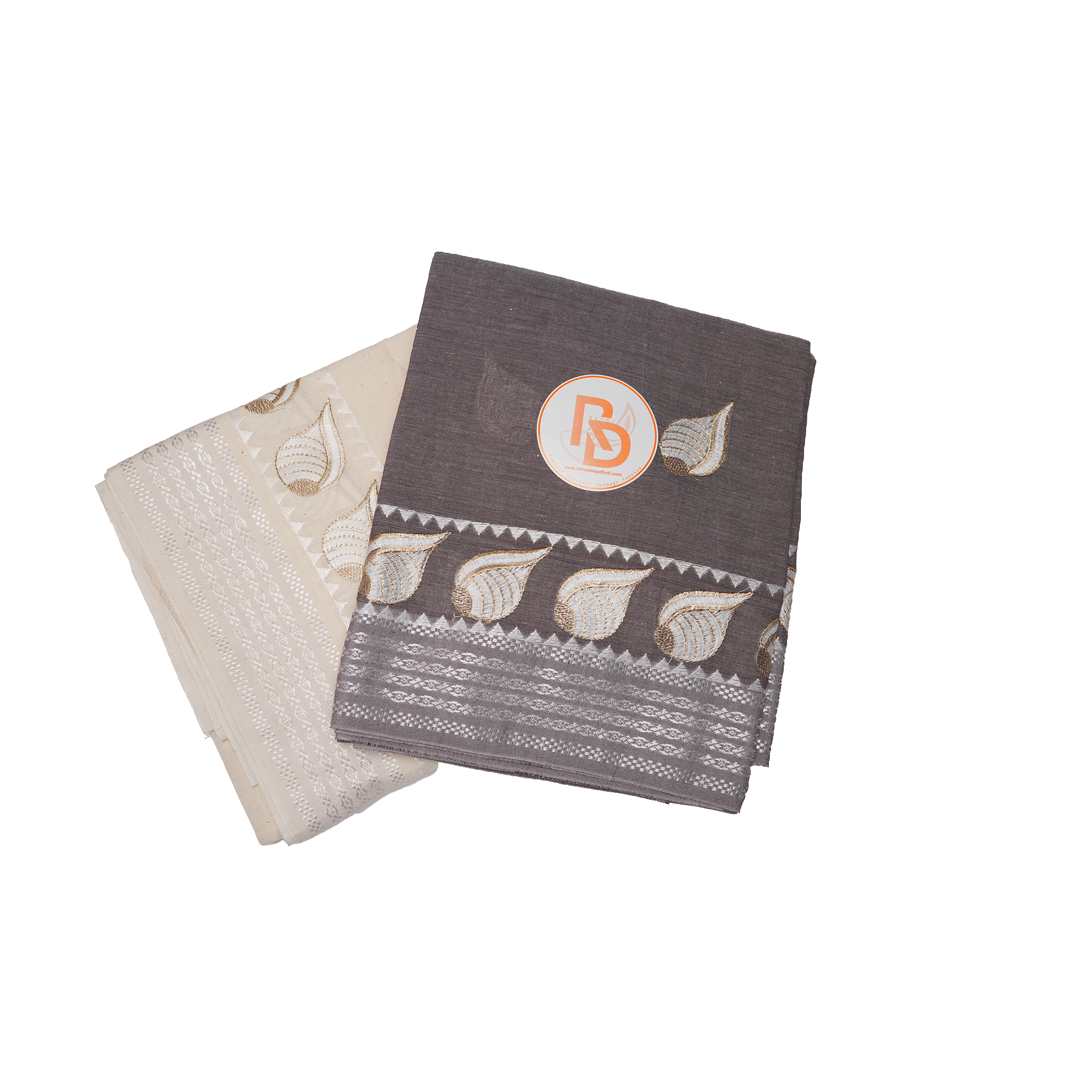 Brown Cotton Dhoti with Uparana | Silver Border & Shell Design Dhoti Set