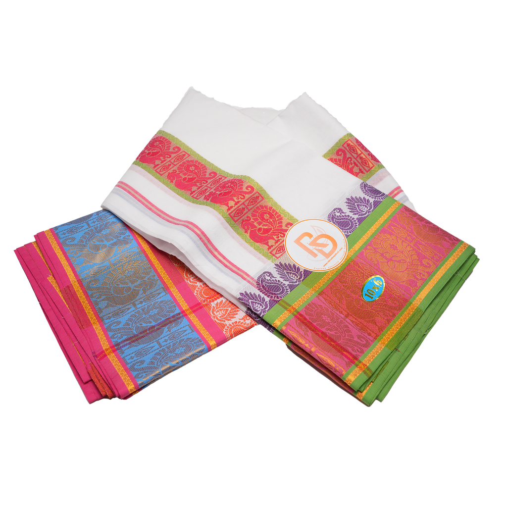 Multicolor golden peacock motif border white cotton dhoti set