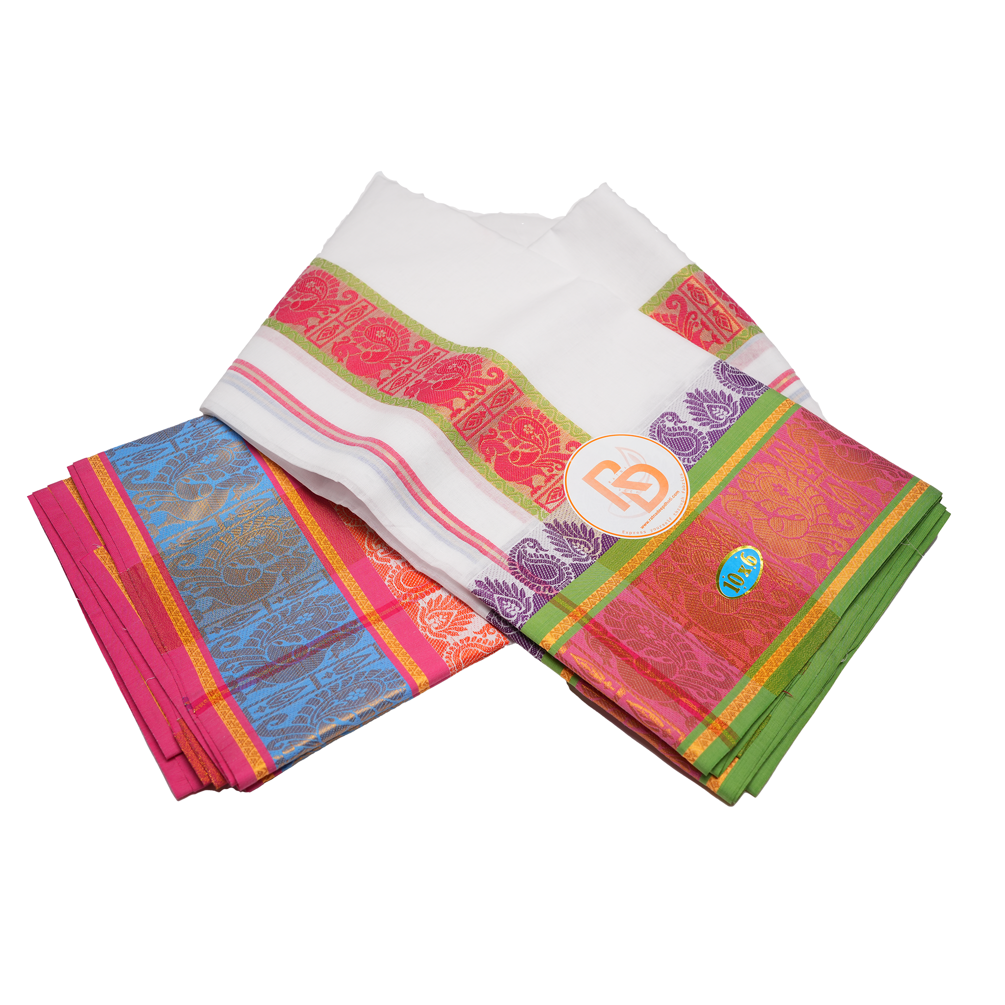 Multicolor golden peacock motif border white cotton dhoti set