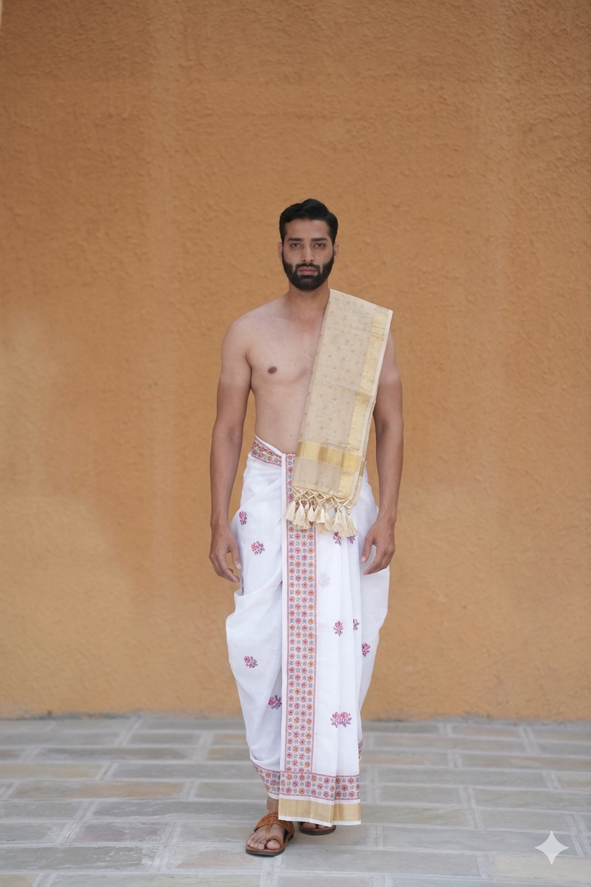 Men Wearing Off-White Dhoti