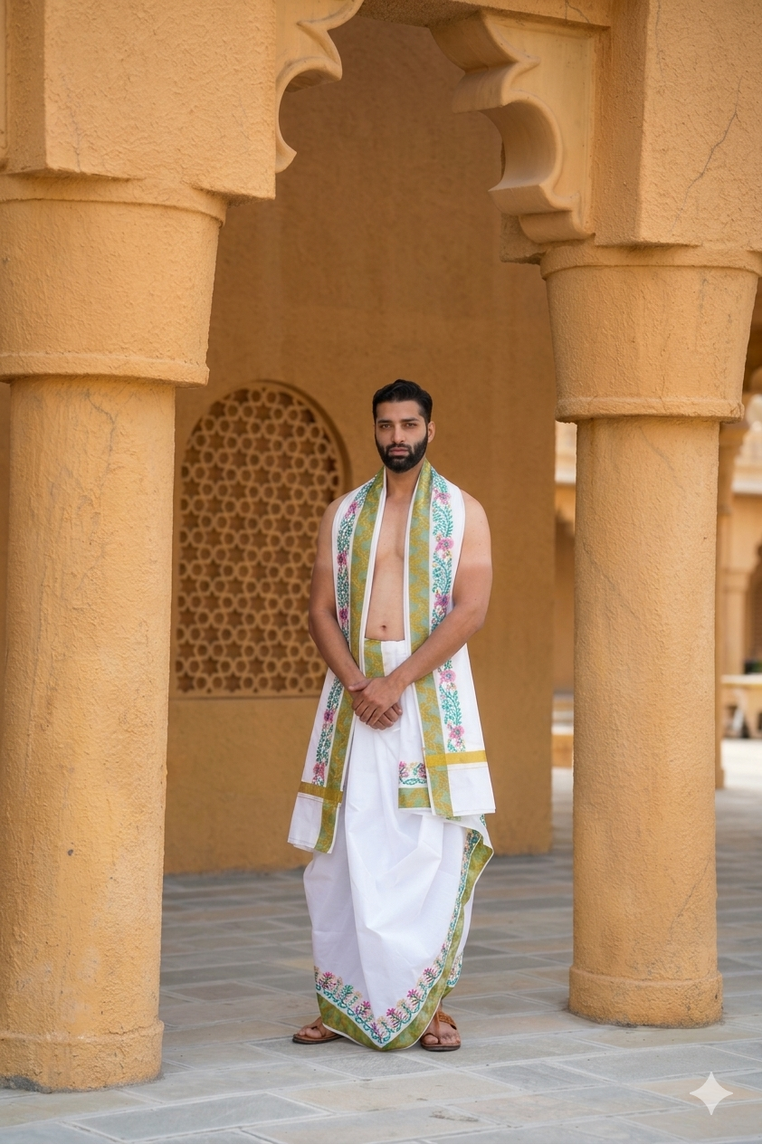 Modern White Dhoti(106) Set with Aqua-Green Border & Gold Motif Finish Ratnadeep Dhoti