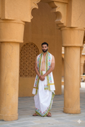 Modern White Dhoti(106) Set with Aqua-Green Border & Gold Motif Finish Ratnadeep Dhoti