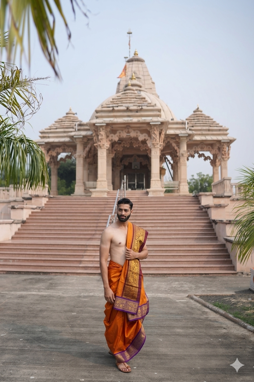 Premium Orange Pure Silk Dhoti with Dual Zari Border – (10×6) Ratnadeep Dhoti
