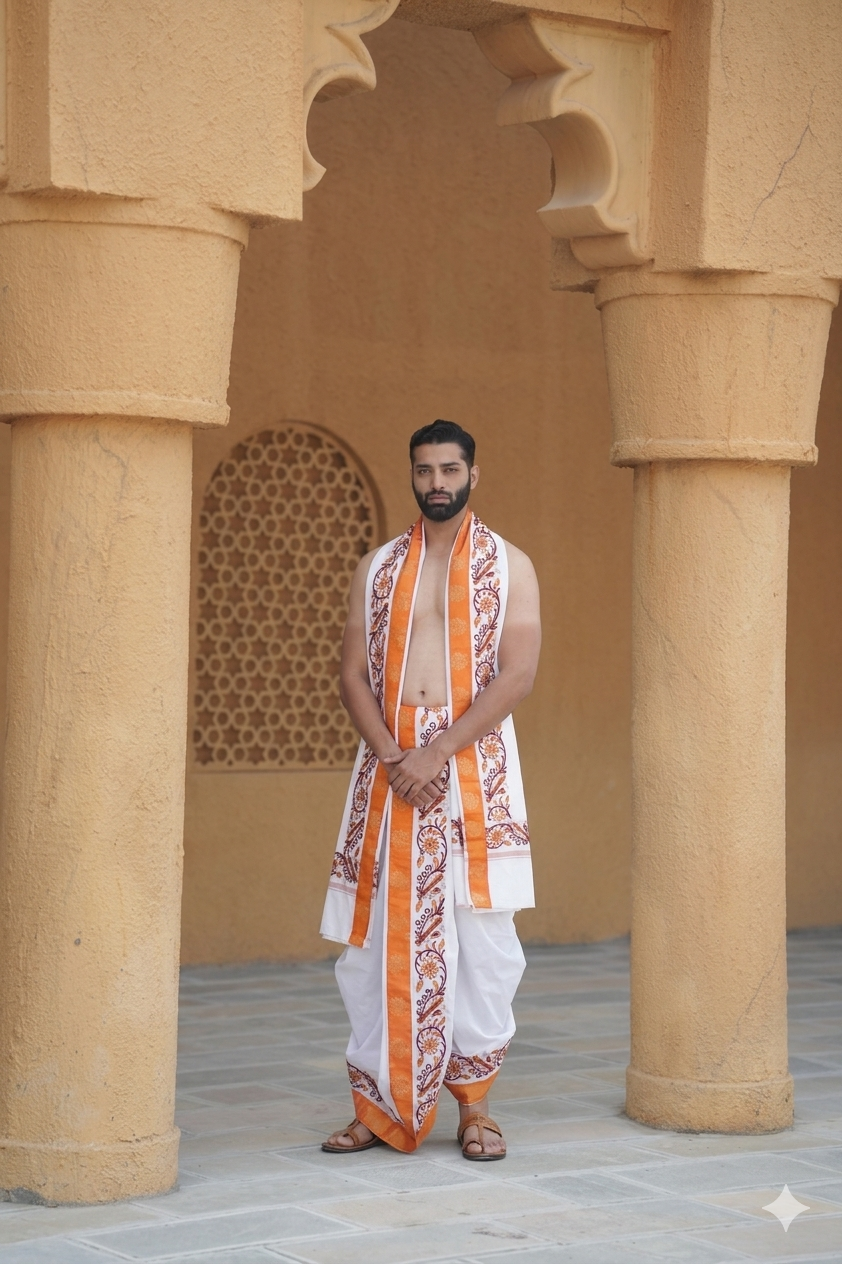 Man in traditional attire standing in front of a beige architectural structure Ratnadeep Dhoti