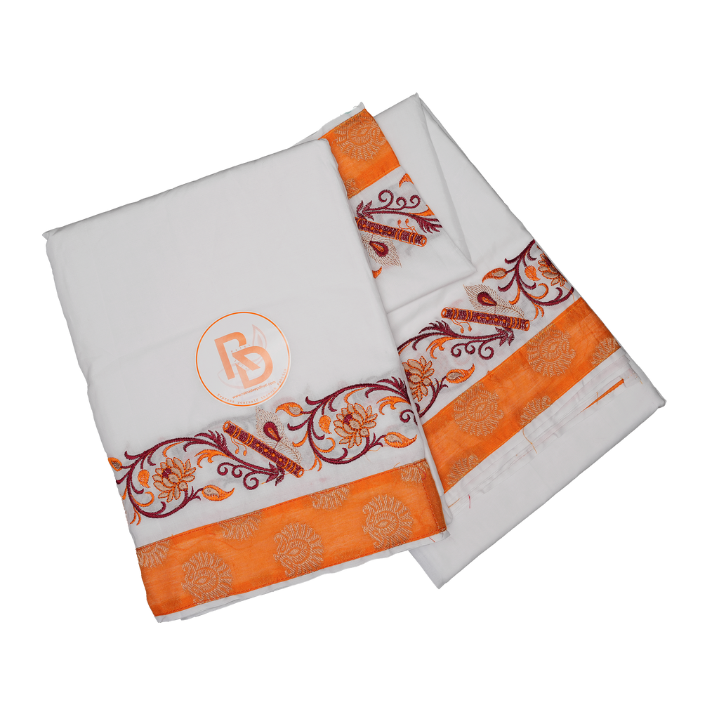 Men’s White Cotton Dhoti(10 × 6) Set with Orange Embroidered Border Ratnadeep Dhoti
