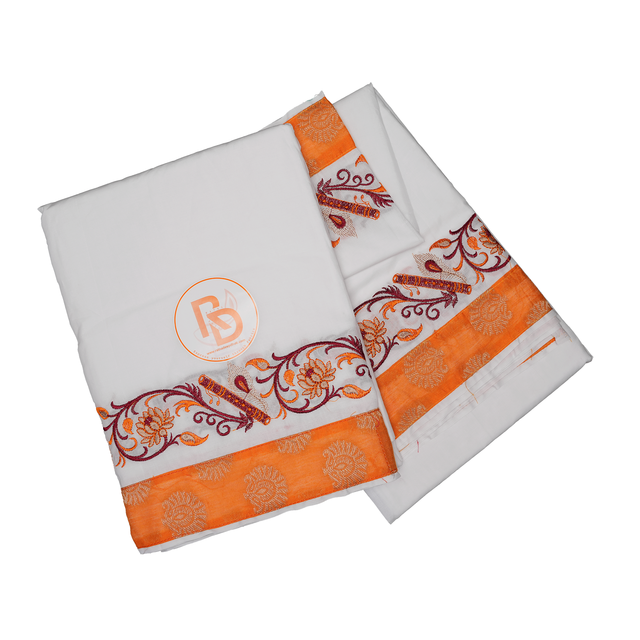 Men’s White Cotton Dhoti(10 × 6) Set with Orange Embroidered Border Ratnadeep Dhoti