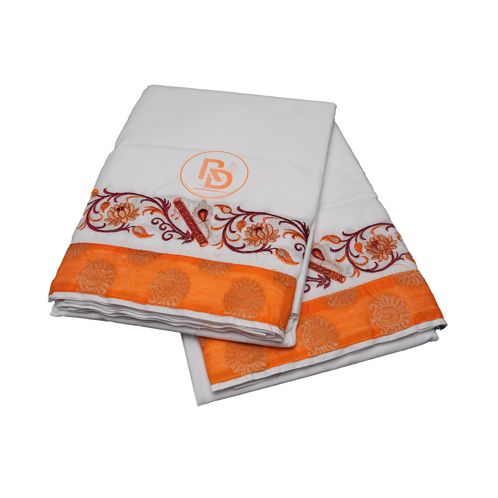 Men’s White Cotton Dhoti(10 × 6) Set with Orange Embroidered Border Ratnadeep Dhoti