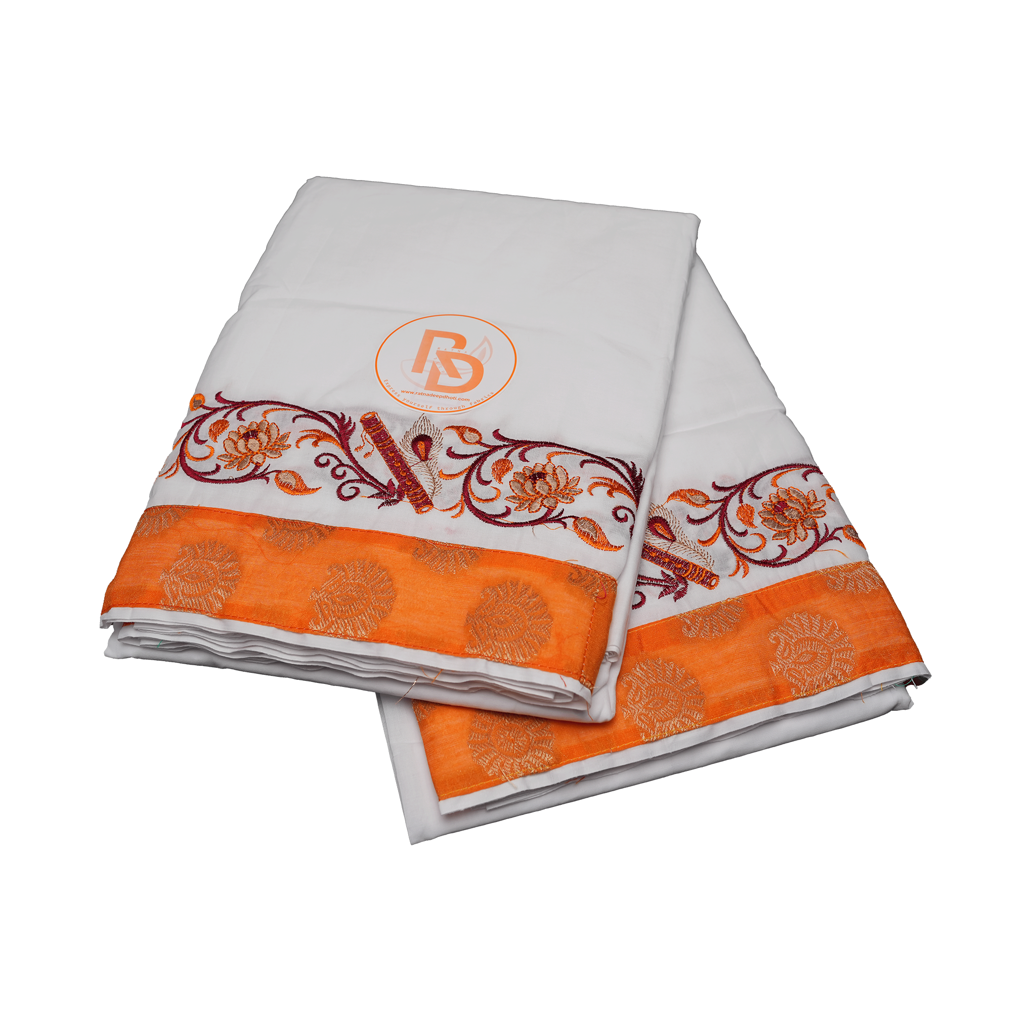 Men’s White Cotton Dhoti(10 × 6) Set with Orange Embroidered Border Ratnadeep Dhoti