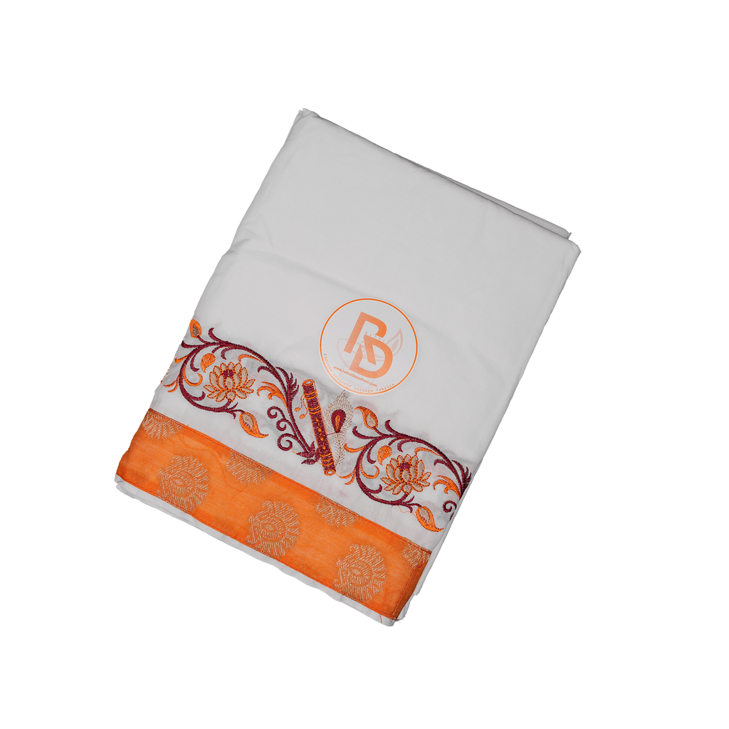 Men’s White Cotton Dhoti(10 × 6) Set with Orange Embroidered Border Ratnadeep Dhoti