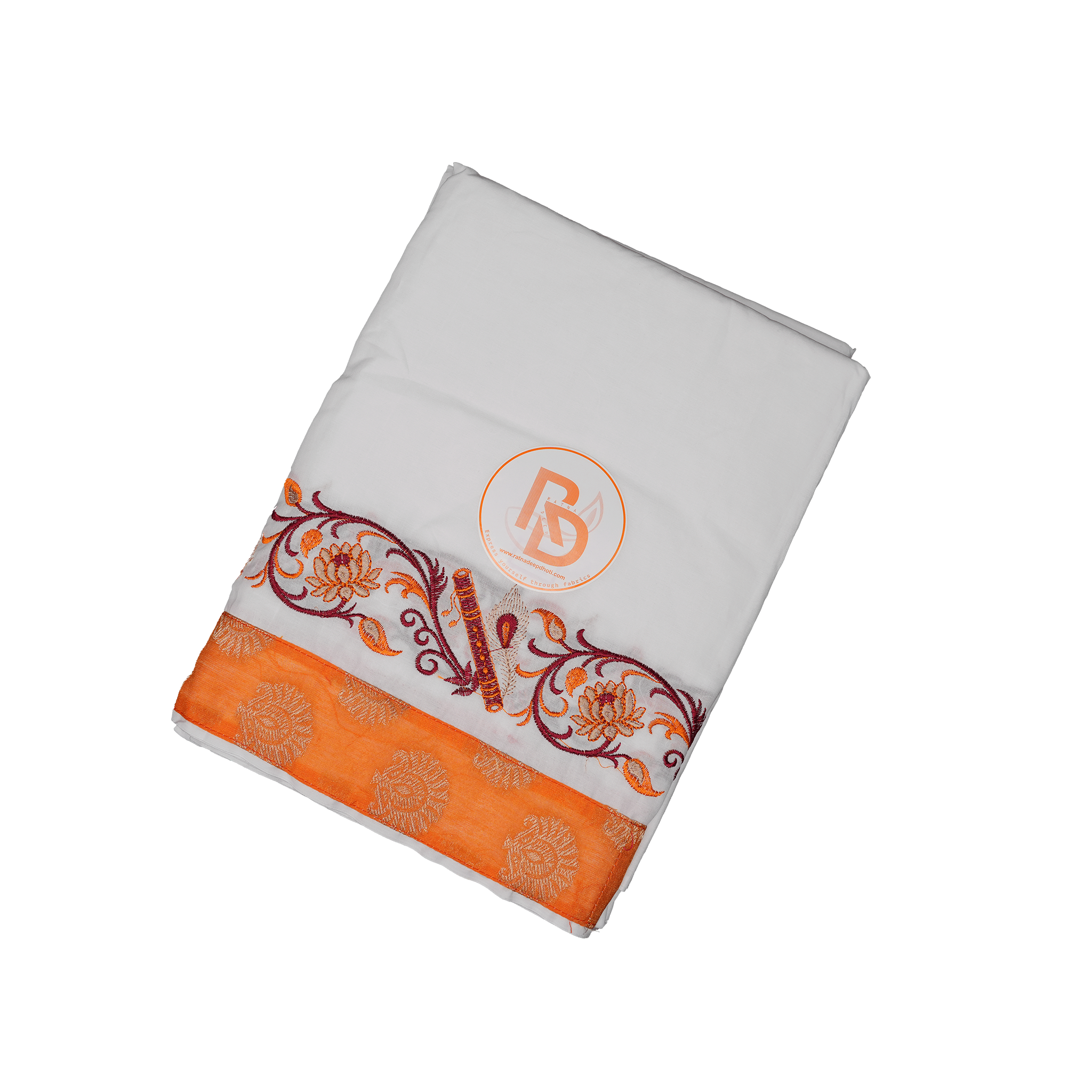 Men’s White Cotton Dhoti(10 × 6) Set with Orange Embroidered Border Ratnadeep Dhoti