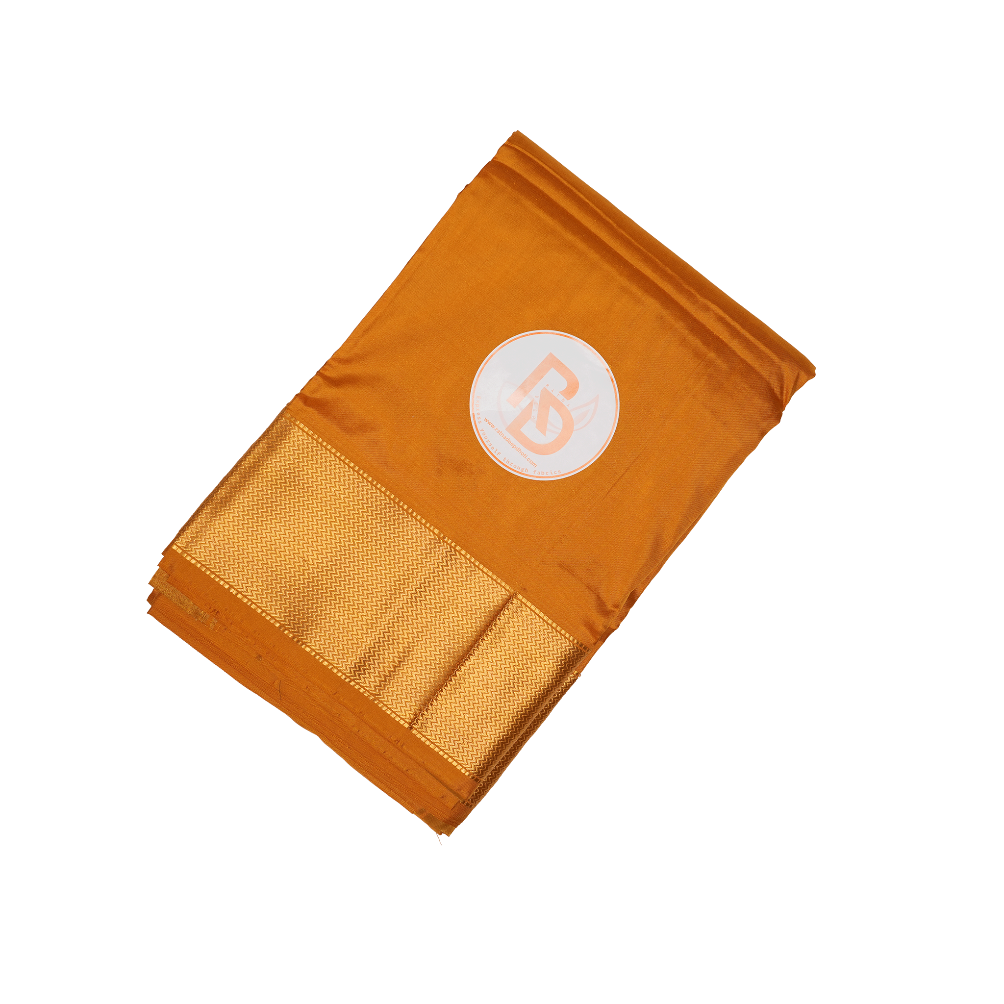 Pure silk classic orange dhoti with golden zigzag border