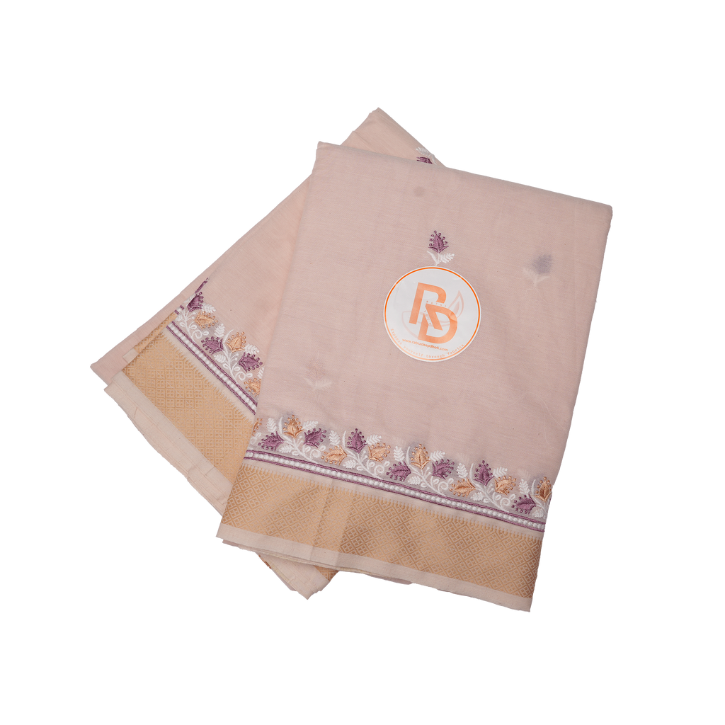 Peach Cotton Dhoti Set(10 × 6) with Floral Embroidered Border | Traditional Wear for Men ratnadeepdhoti