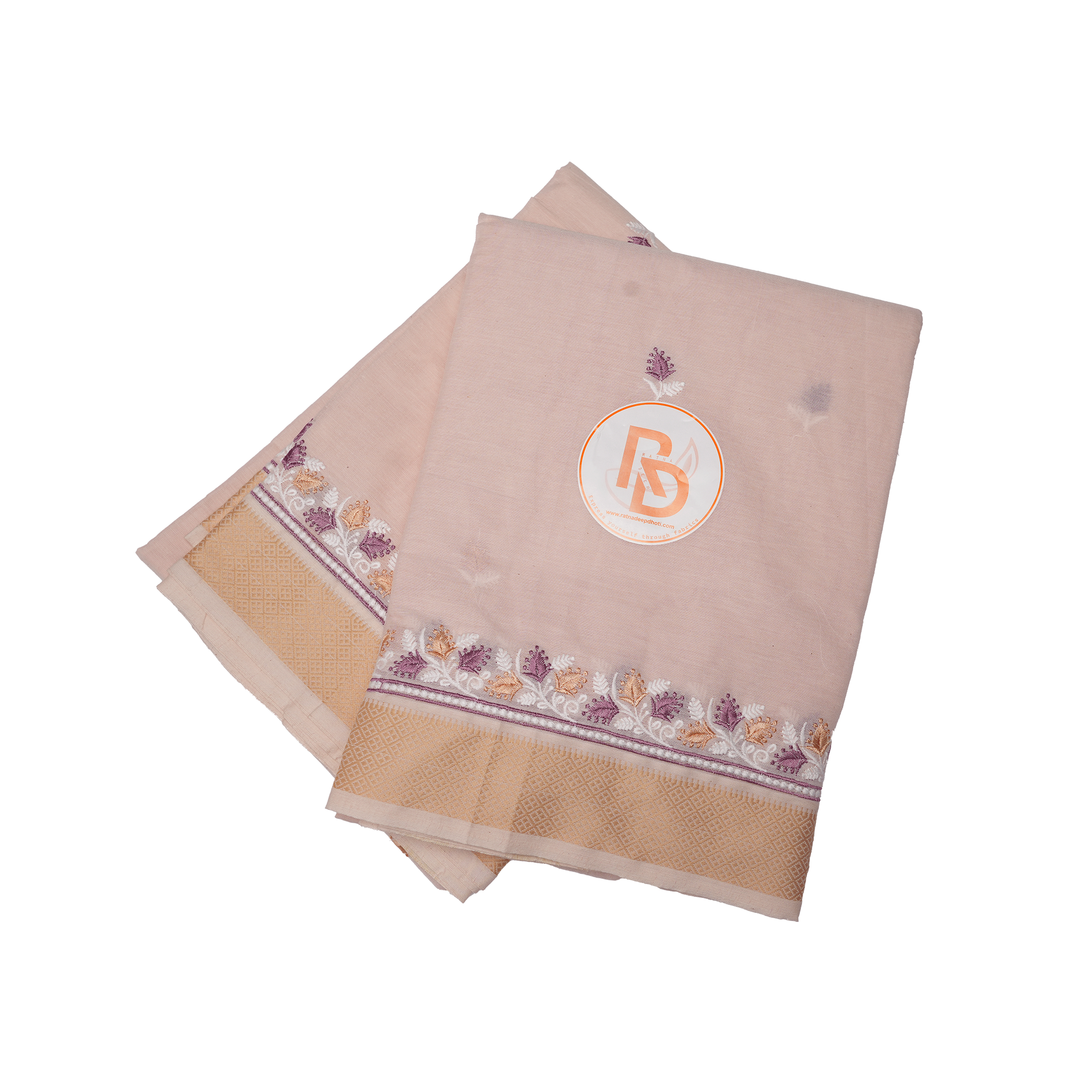 Peach Cotton Dhoti Set(10 × 6) with Floral Embroidered Border | Traditional Wear for Men ratnadeepdhoti