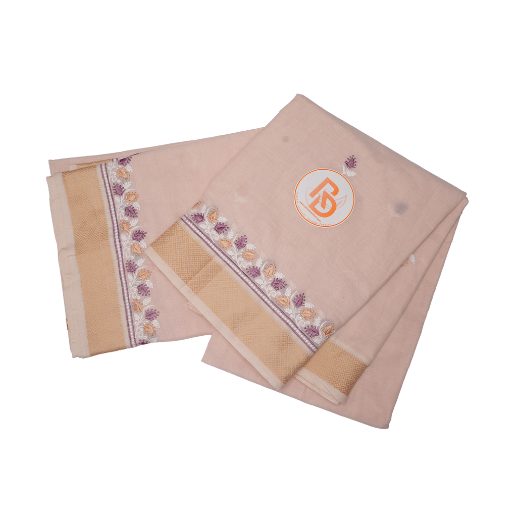 Peach Cotton Dhoti Set(10 × 6) with Floral Embroidered Border | Traditional Wear for Men ratnadeepdhoti
