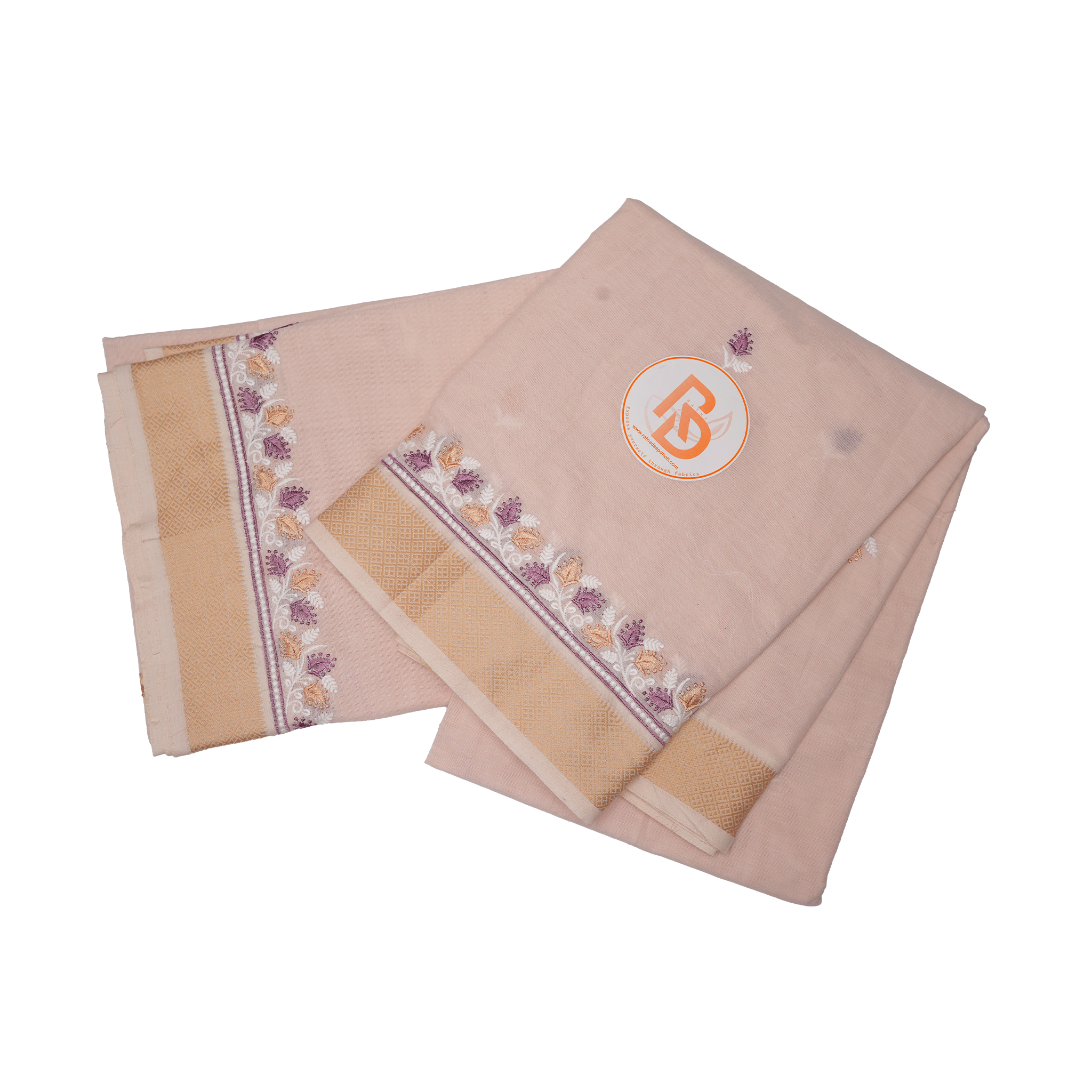 Peach Cotton Dhoti Set(10 × 6) with Floral Embroidered Border | Traditional Wear for Men ratnadeepdhoti
