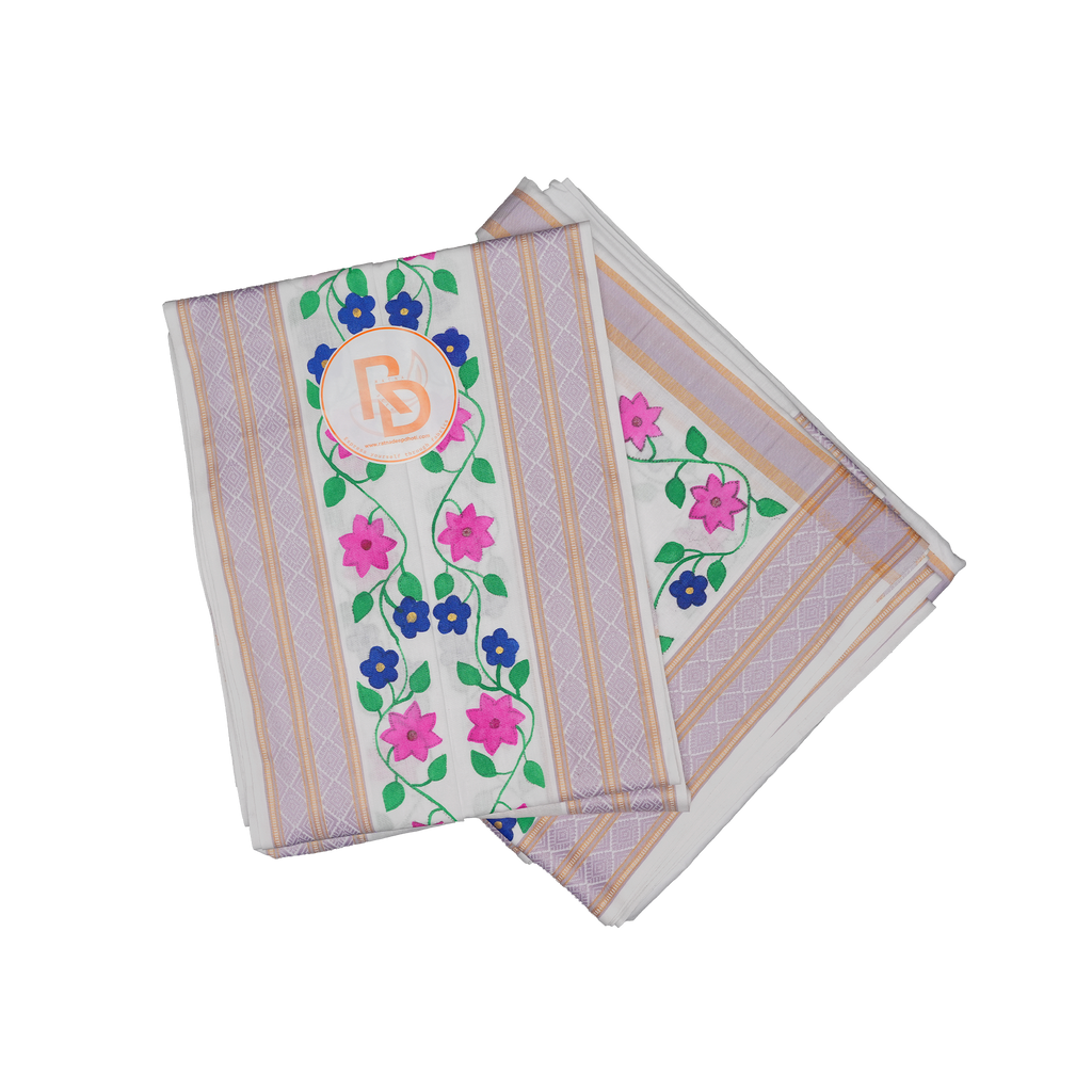 Floral design handprint cotton dhoti set with lavender jacquard border