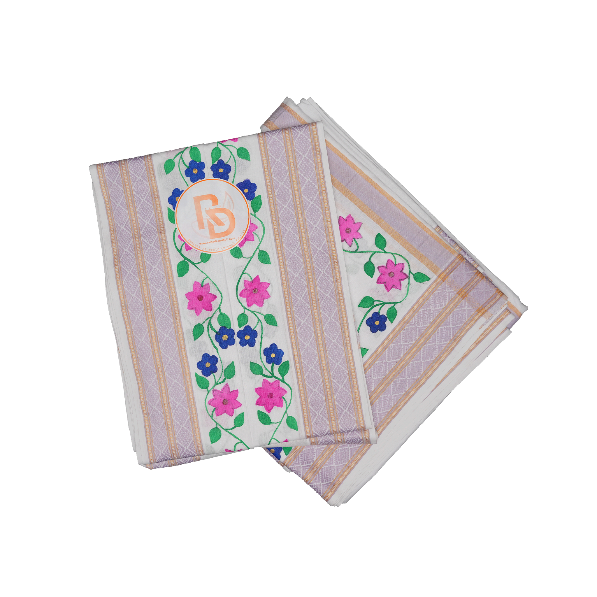 Floral design handprint cotton dhoti set with lavender jacquard border