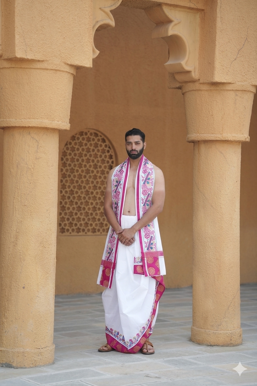 Man wearing a traditional white dhoti with pink border in an architectural setting.