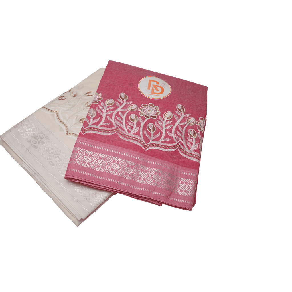 Two embroidered cloths, one pink and one white.