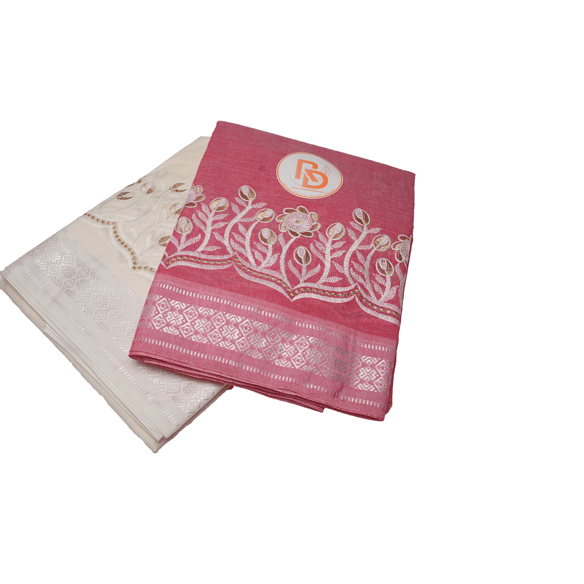 Two embroidered cloths, one pink and one white.